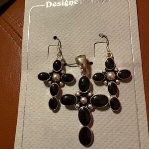 Black & Silver Cross Pendant and Earring Set